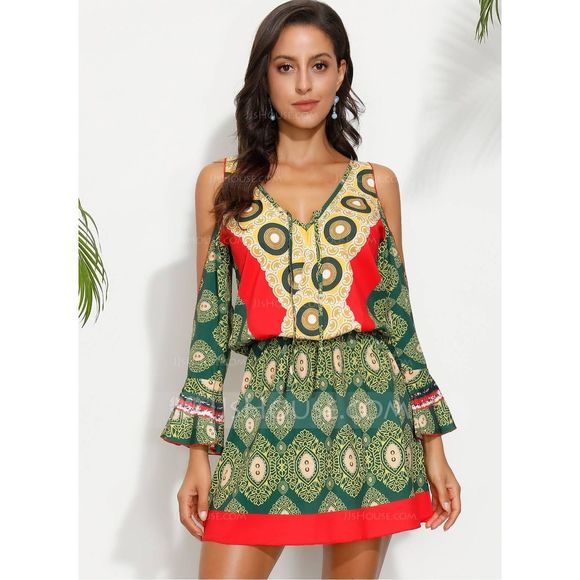 Sheilay Dresses & Skirts - NWT - Bohemian Chic Party Dress Cold Shoulder Bell Sleeve Size M